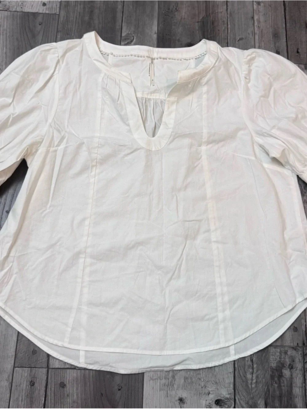 Anthropologie White Cotton Puff Sleeve Split Neck Blouse XL
